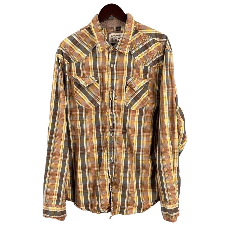 Guess Jeans Vintage Western Shirt Brown Tan Plaid‎ Pattern Pearl Snap XXL